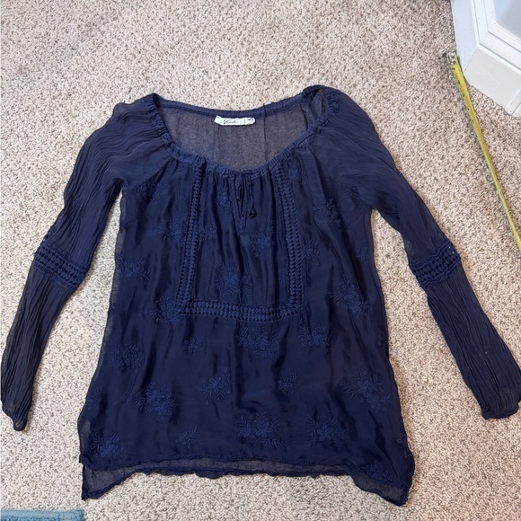 Italian Navy Whimsy Goth Sheer Layers Bohemian Airy Embroidered Gauze Peasant - Picture 7 of 9